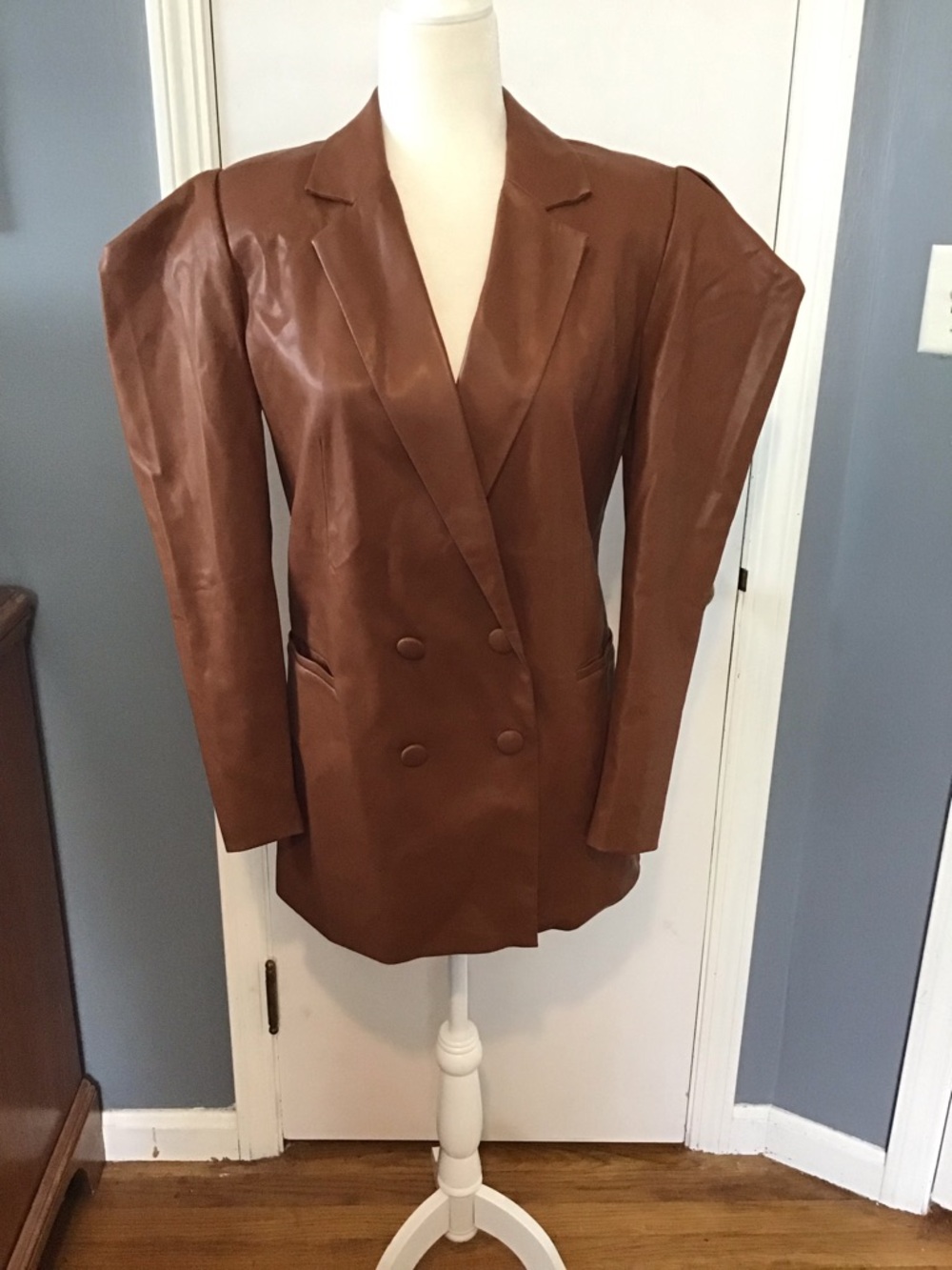 INC International Concepts Chestnut Brown Double-Breasted Leather Blazer